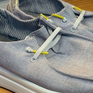 Hey Dude Light Gray Canvas Loafers with Yellow Accents